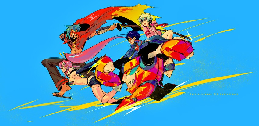 yoko littner, nia teppelin, simon, kamina, and lagann (tengen toppa gurren lagann) drawn by akutsumi