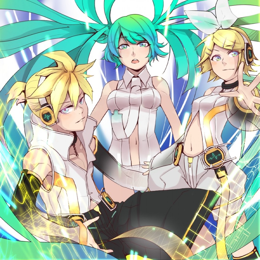 hatsune miku, kagamine rin, and kagamine len (vocaloid) drawn by tebakan