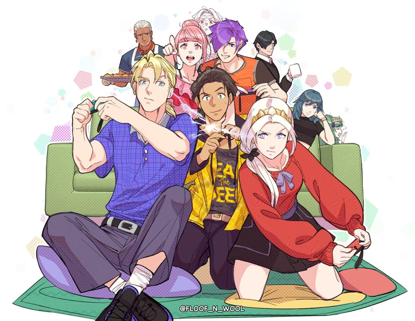 female byleth, edelgard von hresvelg, dimitri alexandre blaiddyd, hilda valentine goneril, claude von riegan, and 5 more (fire emblem and 2 more) drawn by floof_n_wool