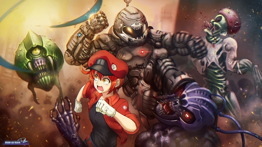 white blood cell, doomguy, red blood cell, ae-3803, u-1146, and 3 more (hataraku saibou and 1 more) drawn by draw-till-death
