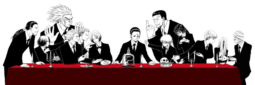 hisoka morow, chrollo lucilfer, shizuku murasaki, machi komacine, feitan portor, and 8 more (hunter x hunter and 1 more) drawn by asaki_leaf