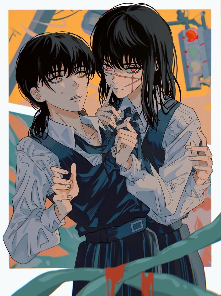 yoru and mitaka asa (chainsaw man) drawn by yumu_(8181018)