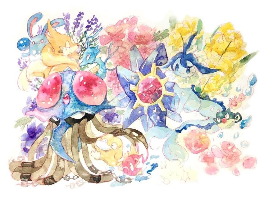 vaporeon, psyduck, magikarp, azumarill, starmie, and 4 more (pokemon) drawn by non_(kumakawayusu)