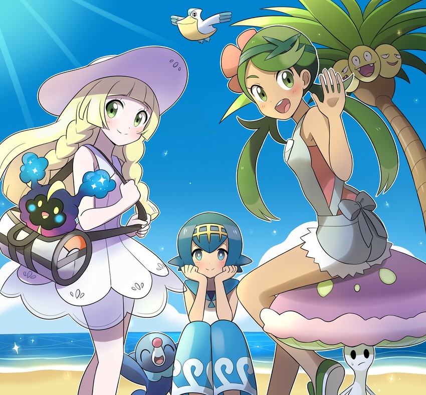 lillie, lana, mallow, popplio, cosmog, and 3 more (pokemon and 1 more) drawn by ryuu_(ryuraconis)
