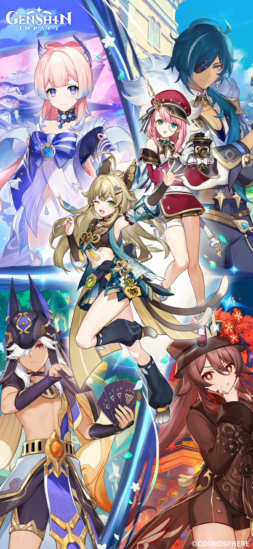 hu tao, sangonomiya kokomi, kaeya, cyno, kirara, and 1 more (genshin impact)