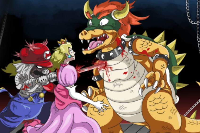 princess peach, mario, bowser, and shishio makoto (mario and 1 more) drawn by mojapene