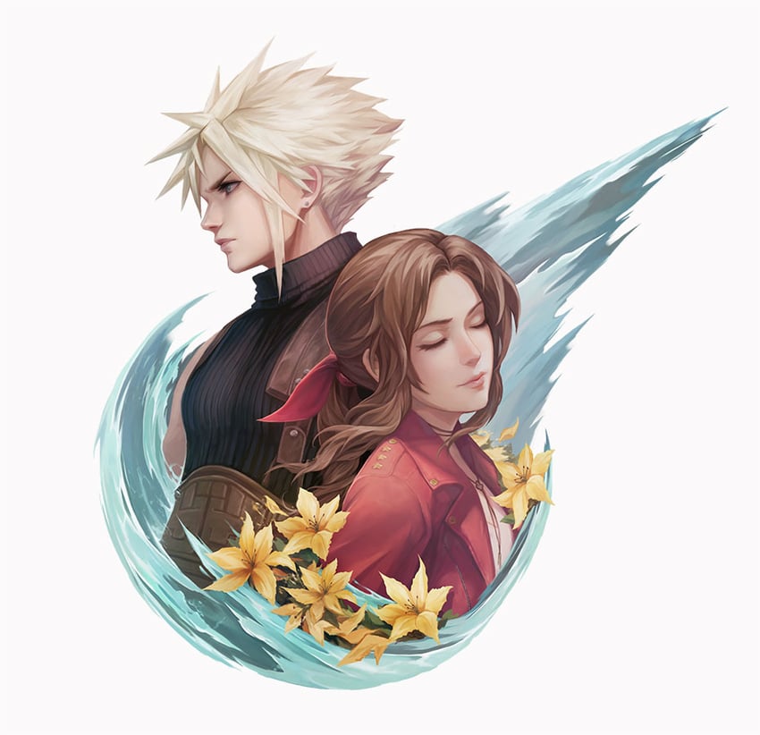 cloud strife and aerith gainsborough (final fantasy and 2 more) drawn by muju