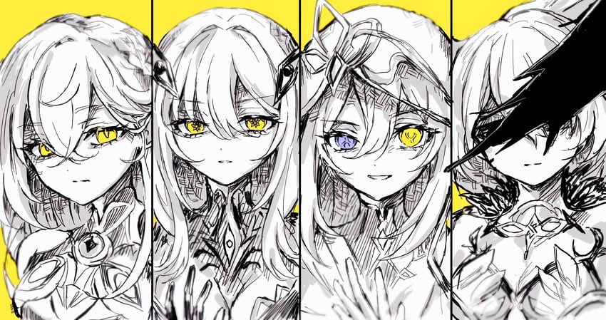 ronova, asmoday, istaroth, and rhinedottir (genshin impact) drawn by papi_230