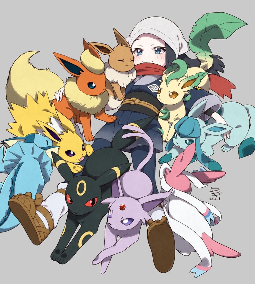 eevee, akari, sylveon, umbreon, glaceon, and 5 more (pokemon and 1 more) drawn by yamada_sakura