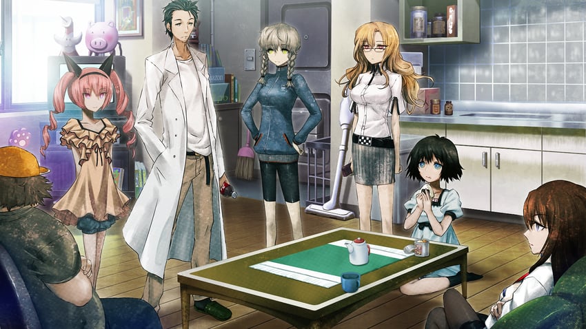 makise kurisu, okabe rintarou, shiina mayuri, amane suzuha, akiha rumiho, and 2 more (steins;gate and 1 more) drawn by huke