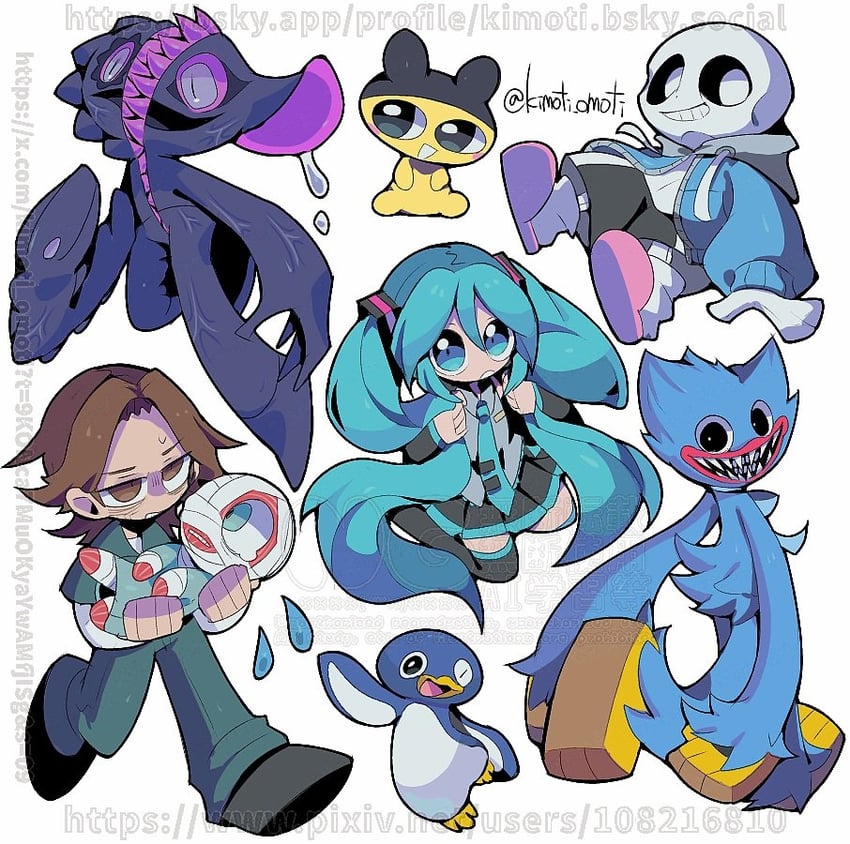hatsune miku, sans, curly, jimmy, mametchi, and 1 more (vocaloid and 4 more) drawn by kimoti_omoti