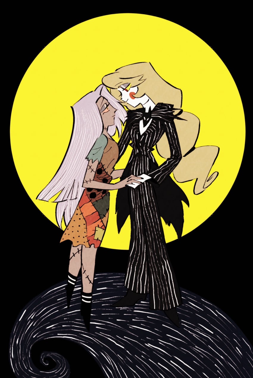 charlie morningstar, vaggie, jack skellington, and sally (hazbin hotel and 1 more) drawn by yasutak1192