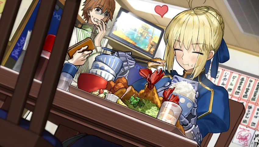 artoria pendragon, saber, and kishinami hakuno (fate and 2 more) drawn by wada_arco