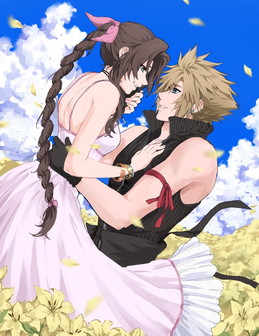 cloud strife and aerith gainsborough (final fantasy and 4 more) drawn by kivavis