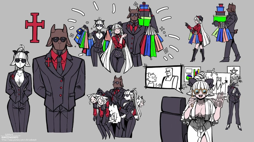 lucifer, helltaker, cerberus, baphomet, and goat bodyguard (original and 1 more) drawn by gonzalocosta888 and grizz