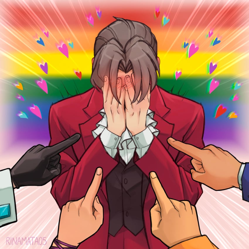 phoenix wright, miles edgeworth, maya fey, franziska von karma, and larry butz (ace attorney) drawn by karina_mata