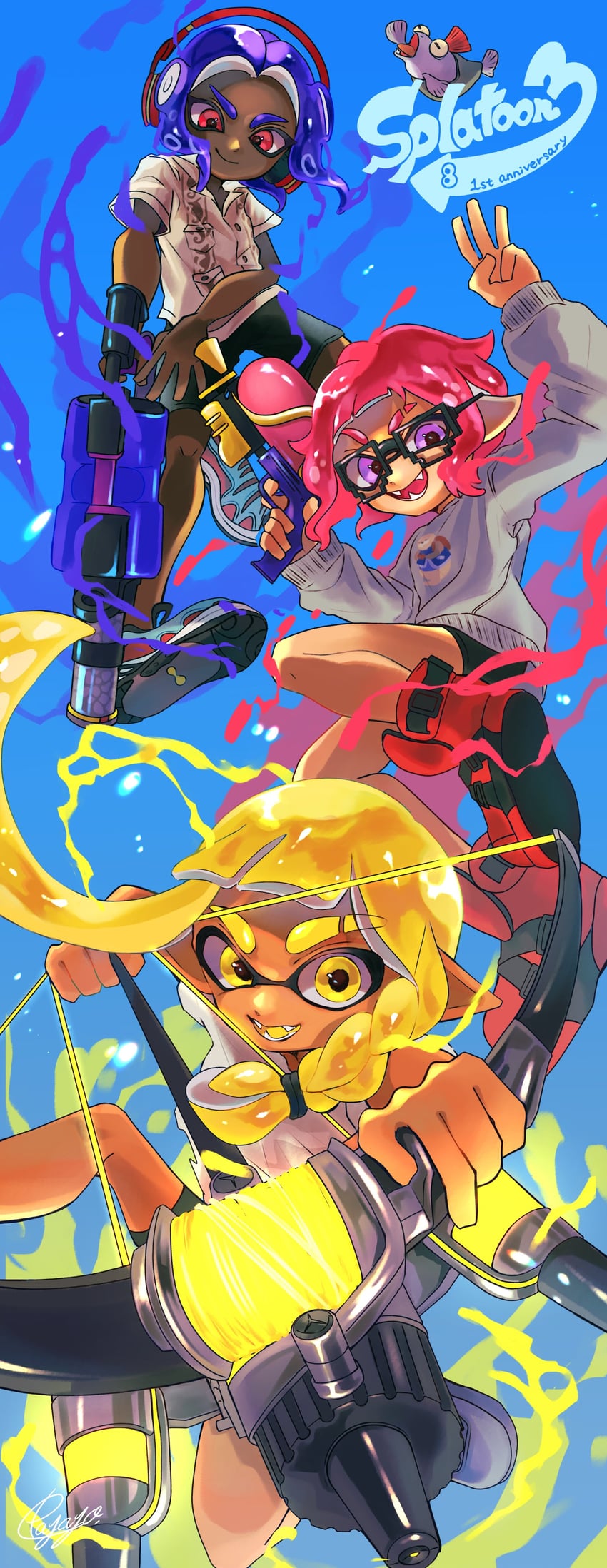 inkling player character, inkling girl, octoling player character, octoling boy, smallfry, and 3 more (splatoon and 1 more) drawn by payayo884