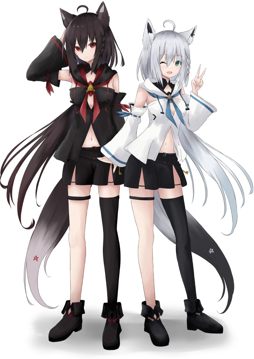 shirakami fubuki and kurokami fubuki (hololive) drawn by hayashi_maka