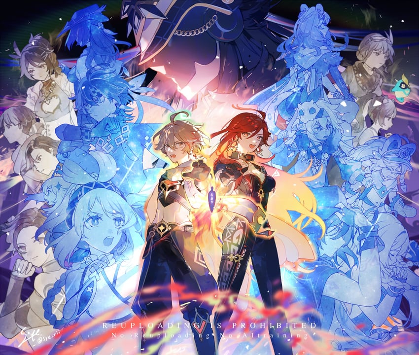 aether, paimon, citlali, mavuika, mualani, and 7 more (genshin impact) drawn by syerii