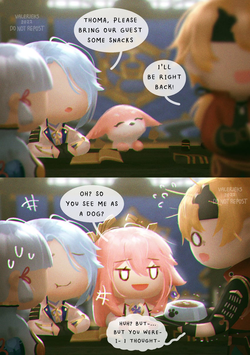 yae miko, kamisato ayaka, kamisato ayato, and thoma (genshin impact) drawn by valerieks