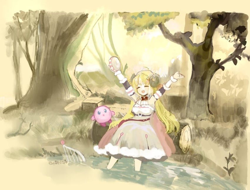 kirby and tsunomaki watame (hololive and 1 more) drawn by lunacats