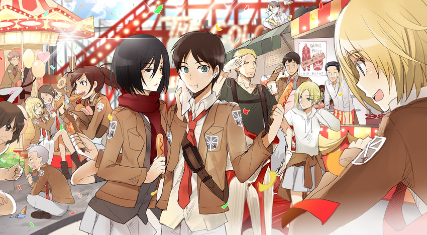 mikasa ackerman, eren yeager, levi, krista lenz, ymir, and 9 more (shingeki no kyojin) drawn by kurot