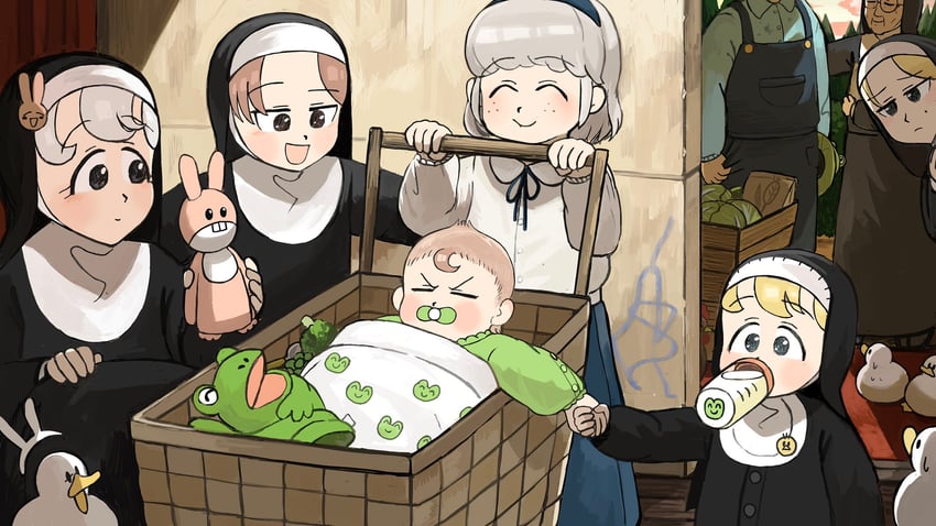 clumsy nun, froggy nun, strict nun, sheep nun, hungry nun, and 3 more (little nuns) drawn by diva_(hyxpk)