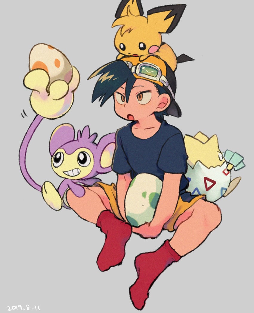 ethan, pichu, togepi, and aipom (pokemon and 1 more) drawn by ok_ko19