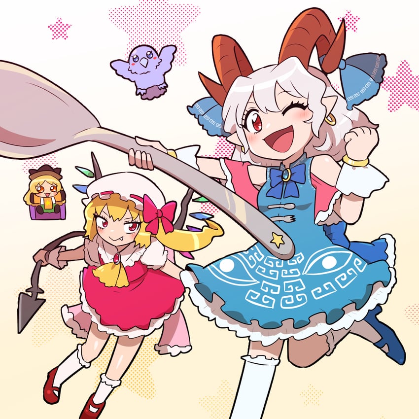 flandre scarlet, matara okina, toutetsu yuuma, and eagle spirit (touhou) drawn by kasugai_(de-tteiu)