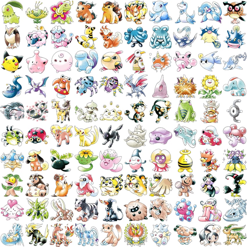 umbreon, espeon, chikorita, marill, togepi, and 100 more (pokemon and 1 more) drawn by raciebeep