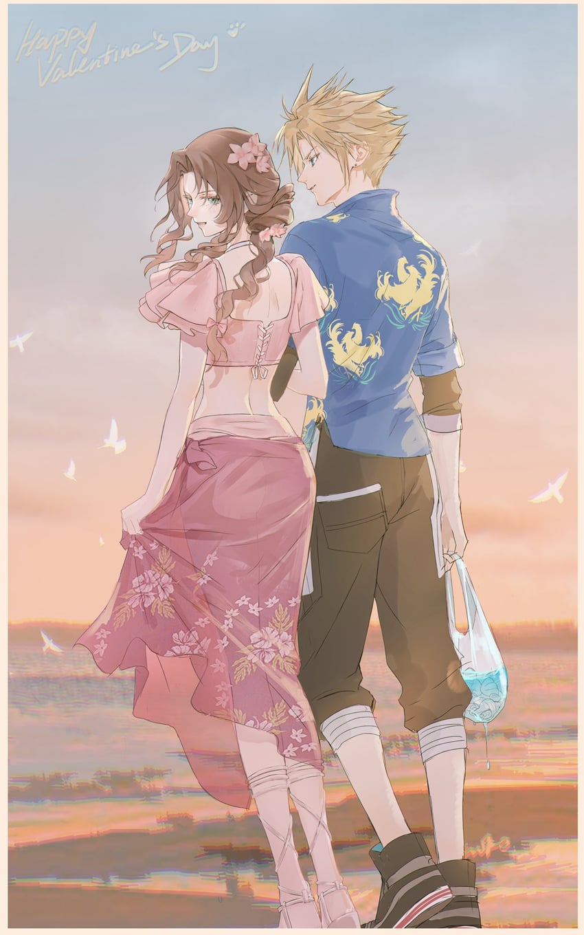 cloud strife and aerith gainsborough (final fantasy and 3 more) drawn by yaoko