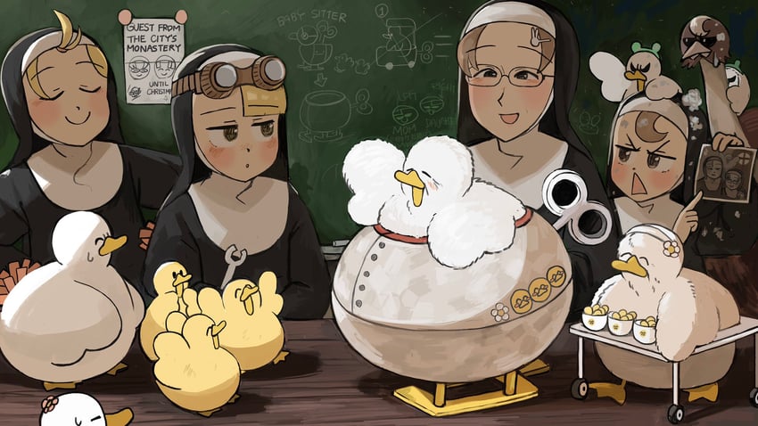 clumsy nun, froggy nun, spicy nun, spicy nun's mother, and glasses nun's aunt (little nuns) drawn by diva_(hyxpk)