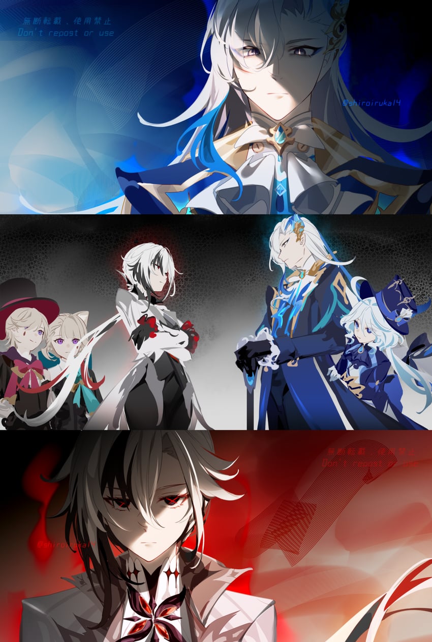 furina, arlecchino, neuvillette, lynette, and lyney (genshin impact) drawn by somnia