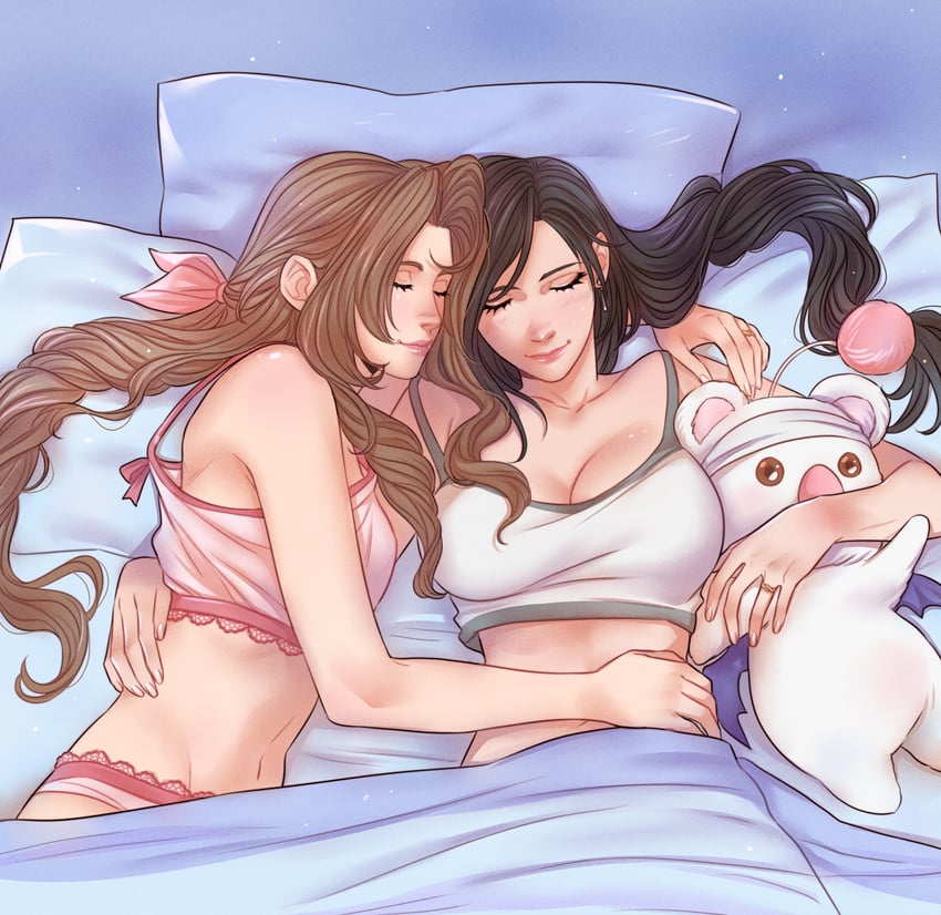 tifa lockhart, aerith gainsborough, and moogle (final fantasy and 2 more) drawn by crylin6