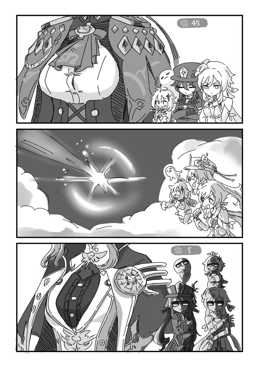 lumine, hu tao, paimon, boo tao, jean, and 1 more (genshin impact) drawn by can_(pixiv33249519)