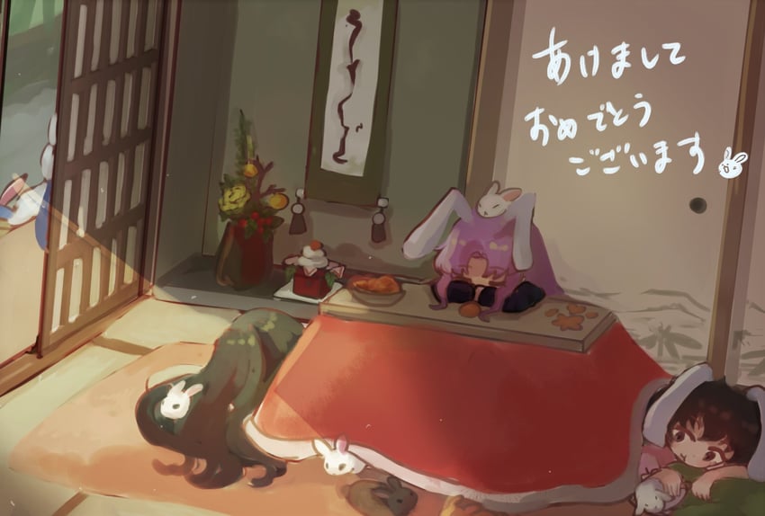 reisen udongein inaba, houraisan kaguya, and inaba tewi (touhou) drawn by mozu_(tamakonnyaku)