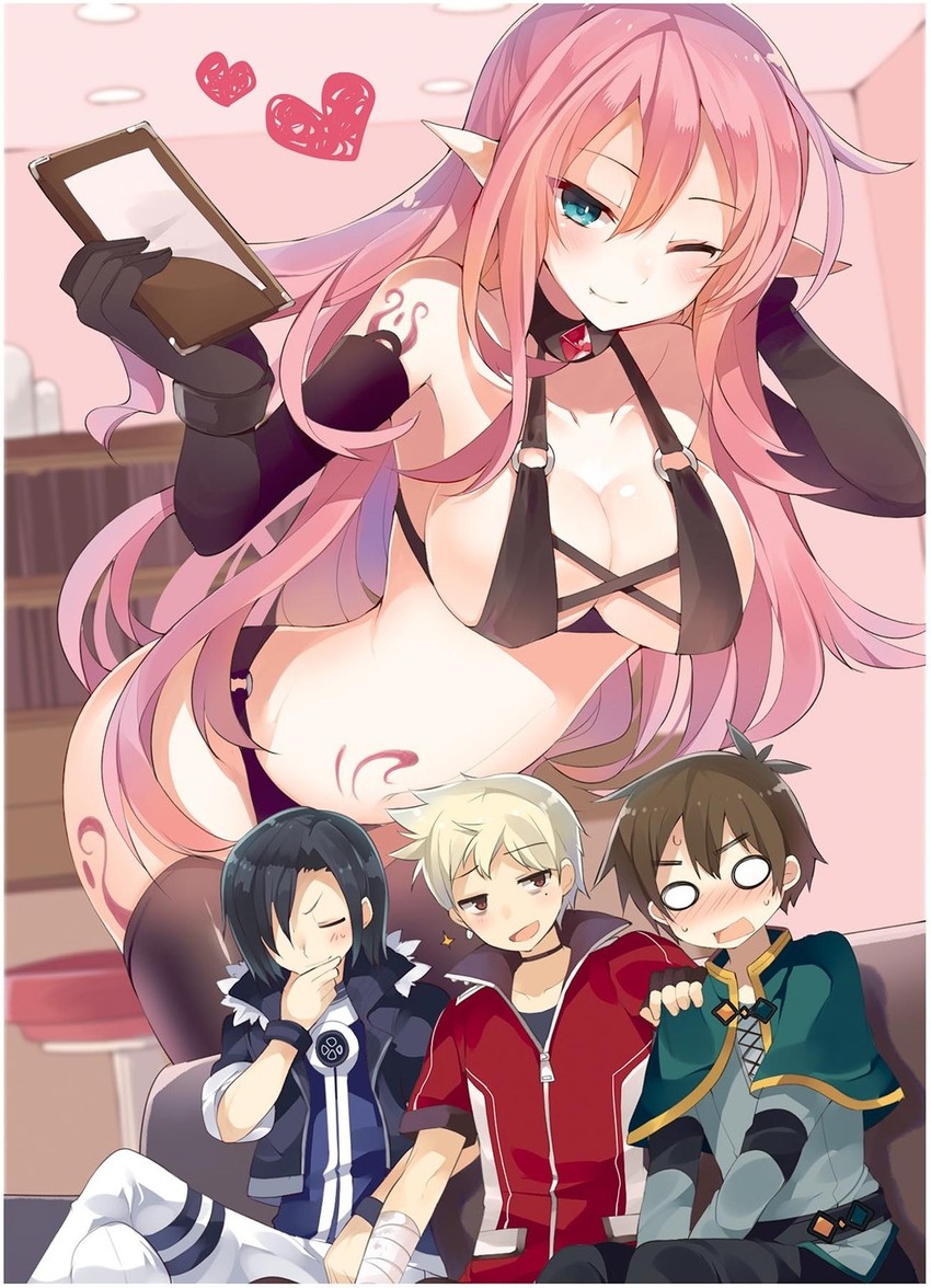 satou kazuma, dust, uketsuke succubus, and keith (kono subarashii sekai ni shukufuku wo!) drawn by mishima_kurone