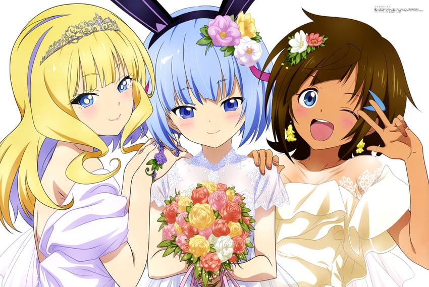 otosaka shion, takanashi tsubasa, and kazamatsuri ren (megami magazine and 2 more) drawn by noguchi_takayuki