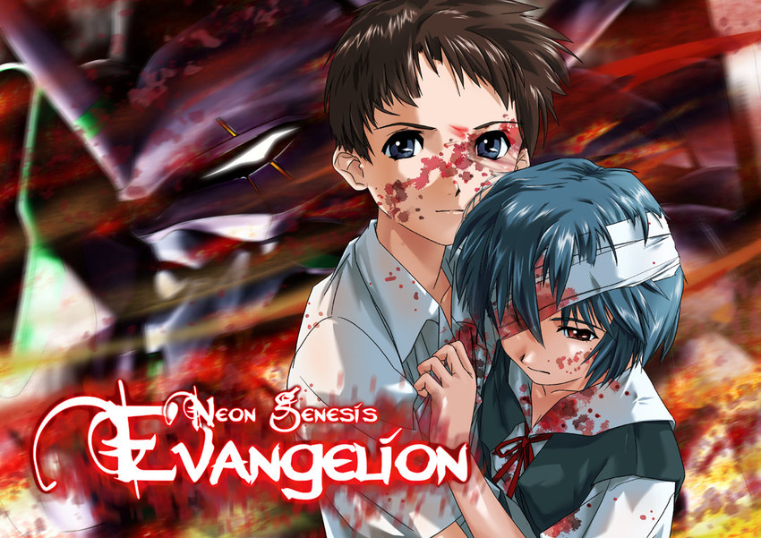 ayanami rei, ikari shinji, and eva 01 (neon genesis evangelion) drawn by ashibe_ryou