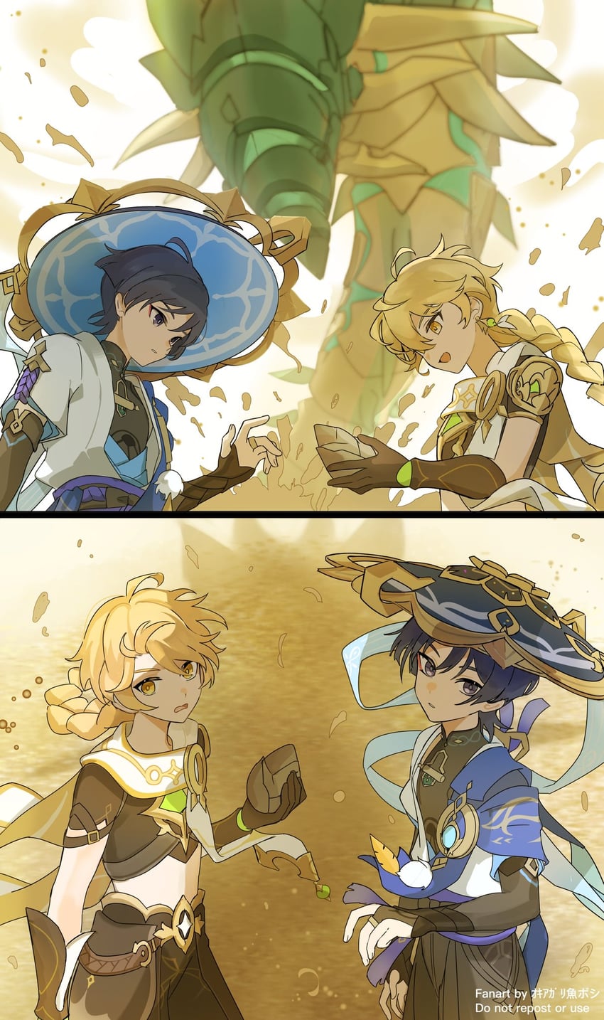 scaramouche, aether, wanderer, and setekh wenut (genshin impact) drawn by okkobc