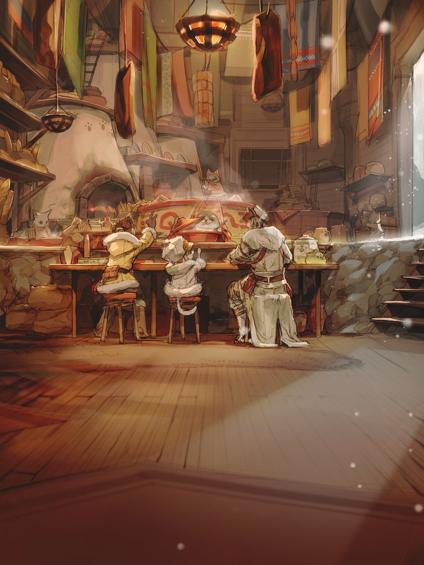 monster hunter, player palico, handler, and grammeowster chef (monster hunter and 1 more) drawn by haban_(haban35)