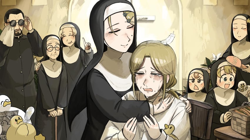 clumsy nun, froggy nun, strict nun, star nun, smug nun, and 3 more (little nuns) drawn by diva_(hyxpk)