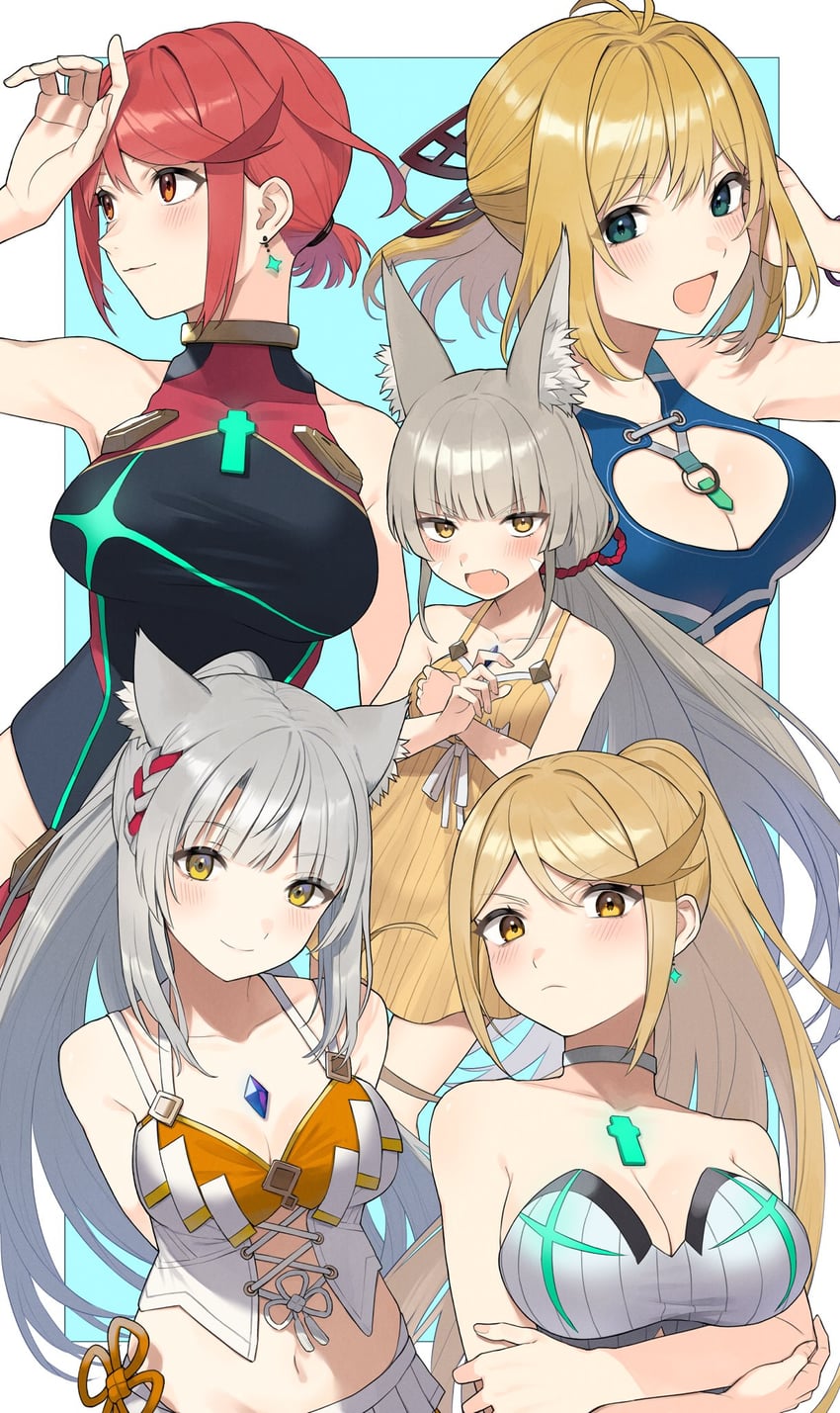 mio, pyra, mythra, fiora, and nia (xenoblade chronicles and 3 more) drawn by kinagi_(3307377)