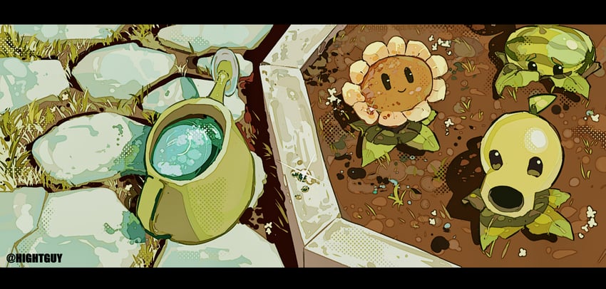 sunflower, peashooter, and melon-pult (plants vs. zombies) drawn by hightguy
