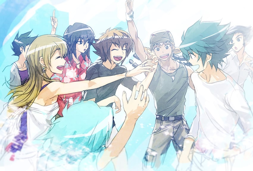 yuki judai, tenjouin asuka, manjoume jun, johan andersen, marufuji sho, and 3 more (yu-gi-oh! and 1 more) drawn by moribuden