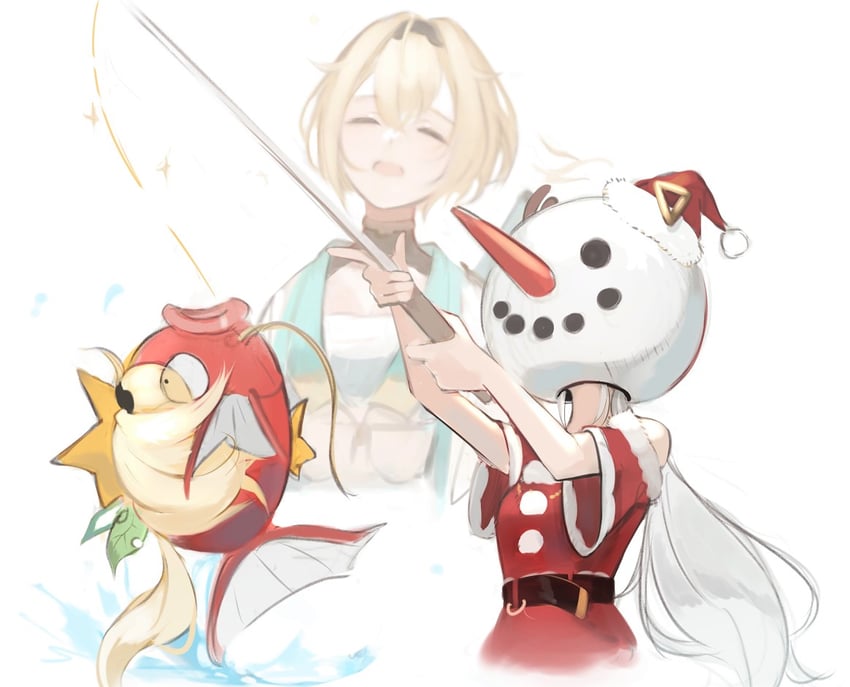 shirakami fubuki, kazama iroha, and magikarp (pokemon and 1 more) drawn by lumo_1121