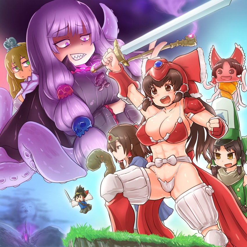 hakurei reimu, kirisame marisa, patchouli knowledge, benikurage, mars, and 6 more (touhou and 2 more) drawn by otemoto_(baaaaloooo)
