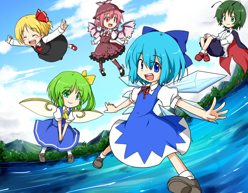 cirno, rumia, mystia lorelei, daiyousei, and wriggle nightbug (touhou) drawn by gimicalmas