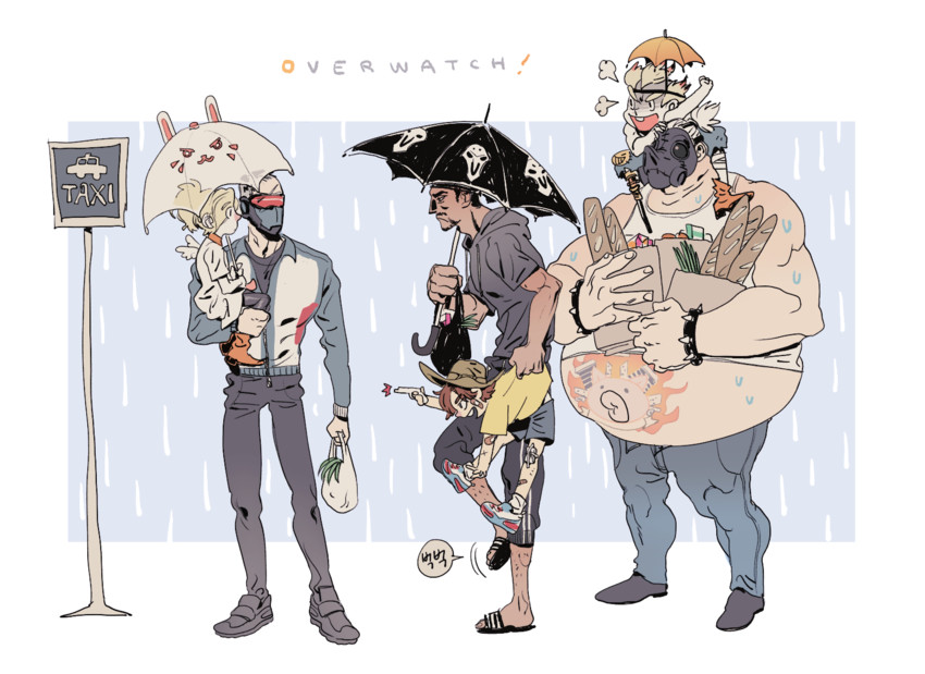 mercy, soldier: 76, reaper, cassidy, junkrat, and 1 more (overwatch and 1 more) drawn by osamatographe