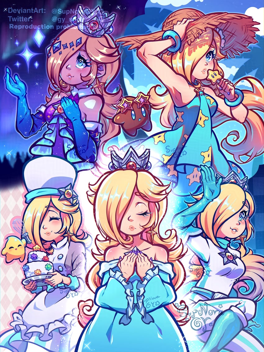 rosalina, luma, and polari (mario and 3 more) drawn by rosie_(supnovagy)